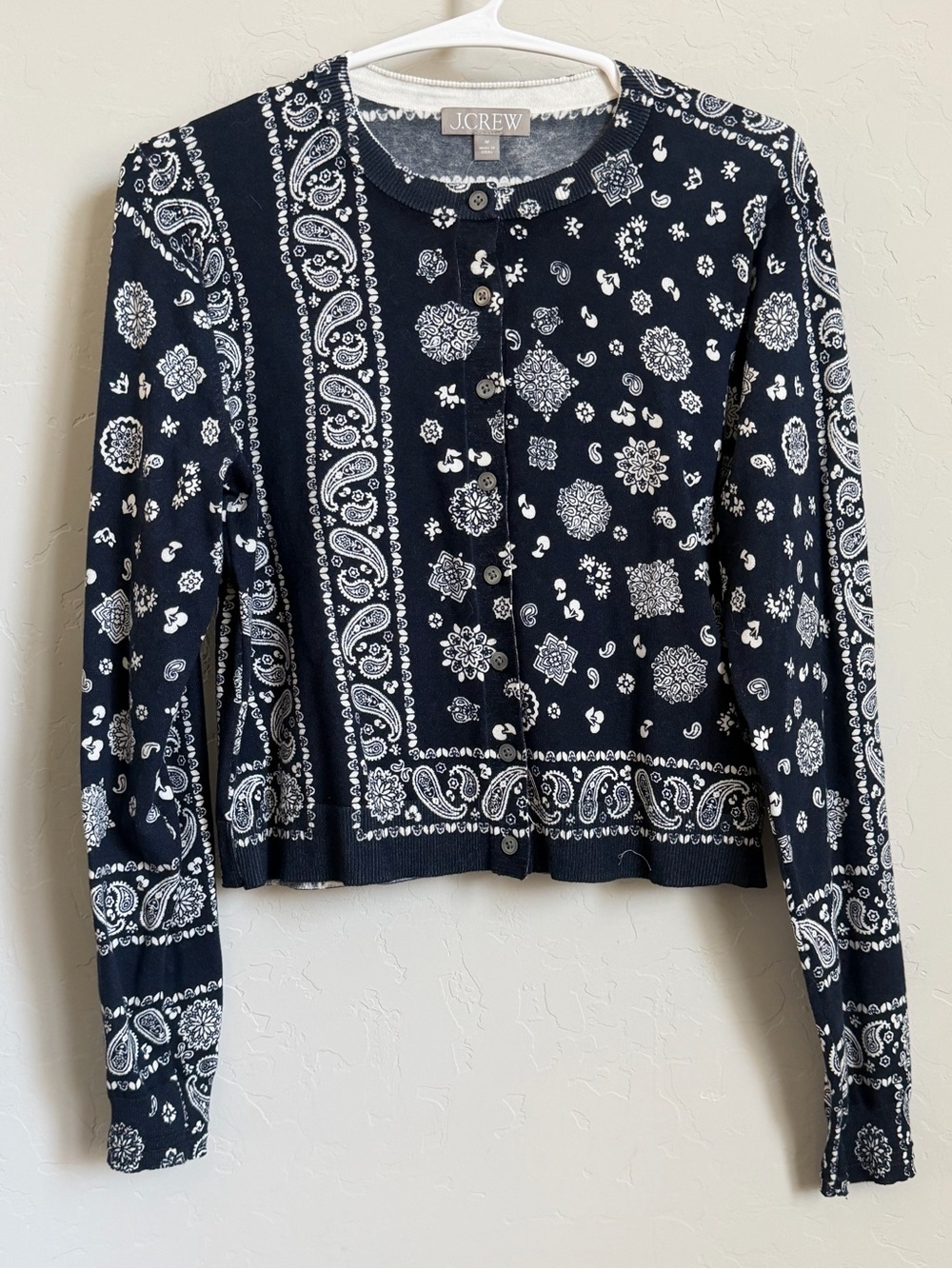 J.Crew 2026 Bandana Print Cardigan Sweater Navy Ivory NWT Medium Cotton Blend
